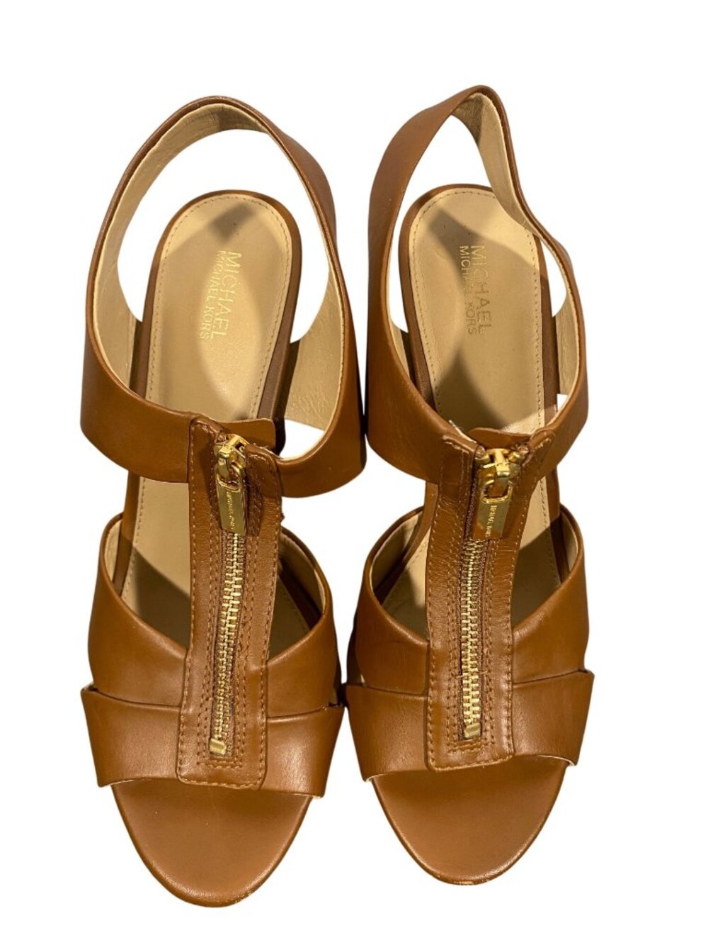 Michael Michael Kors Tan Leather Platform Heels Gold Zipper 5.5 Inch heels - Picture 2 of 12